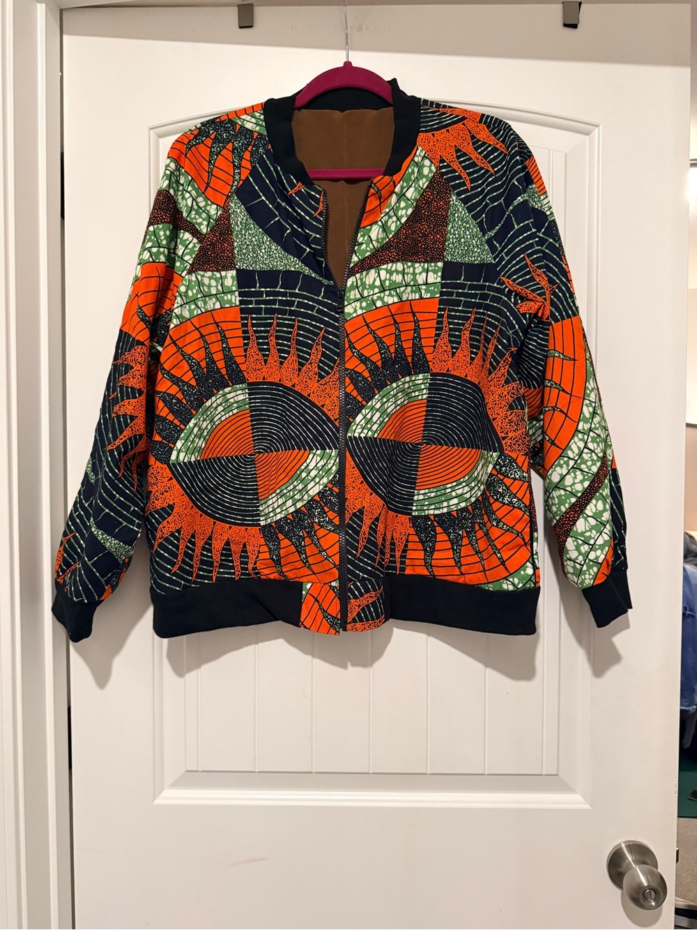 Hand-made Bold Orange & Green Patterned Bomber Jacket